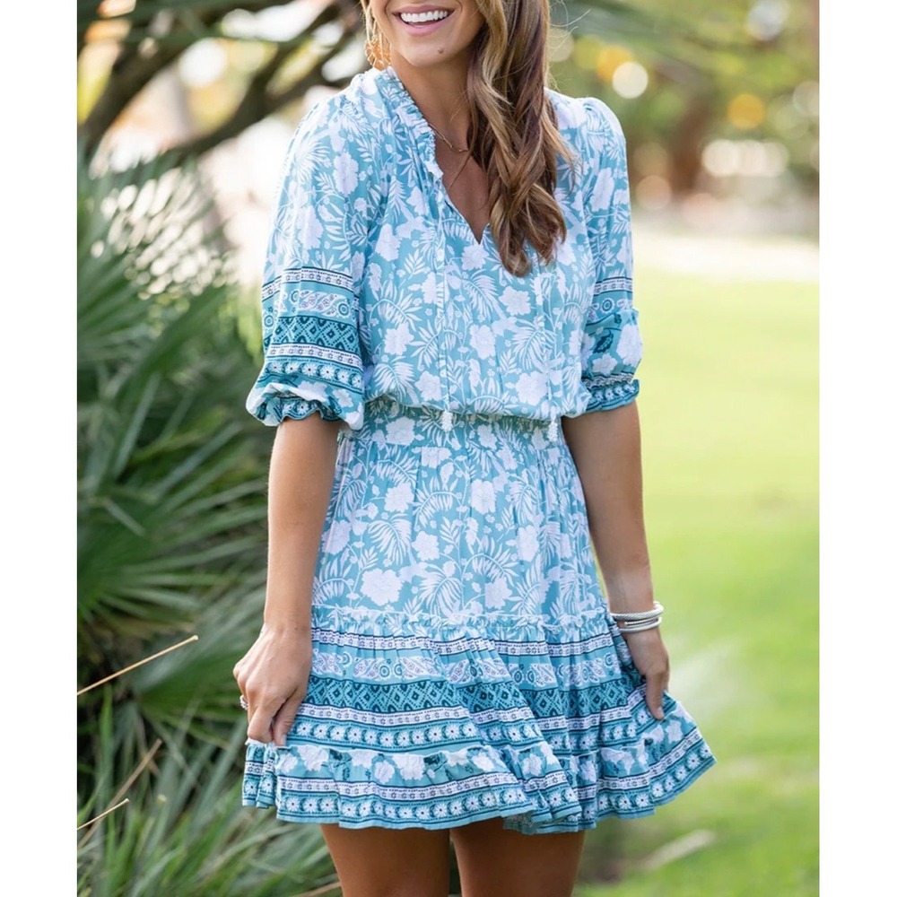 Walker & Wade Ibiza Mini Dress Small Teal Floral Tropical Boho Coastal Beachy